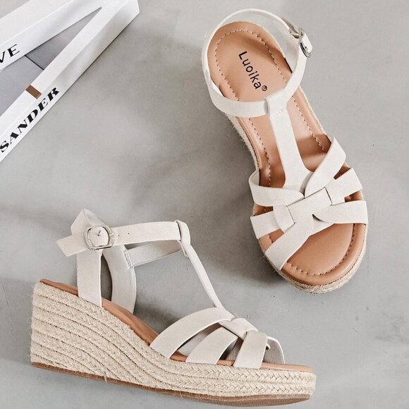 Women's Wide Width Wedge Sandals Platform Open Toe Espadrille Summer Shoes - Picture 6 of 7